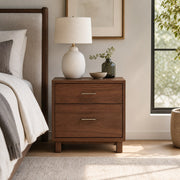 Compact Two-Drawer Nightstand in a warm modern interior