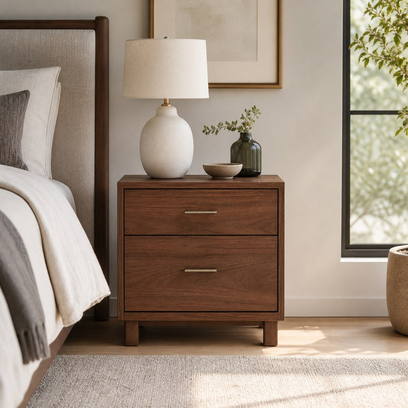 Compact Two-Drawer Nightstand in a warm modern interior