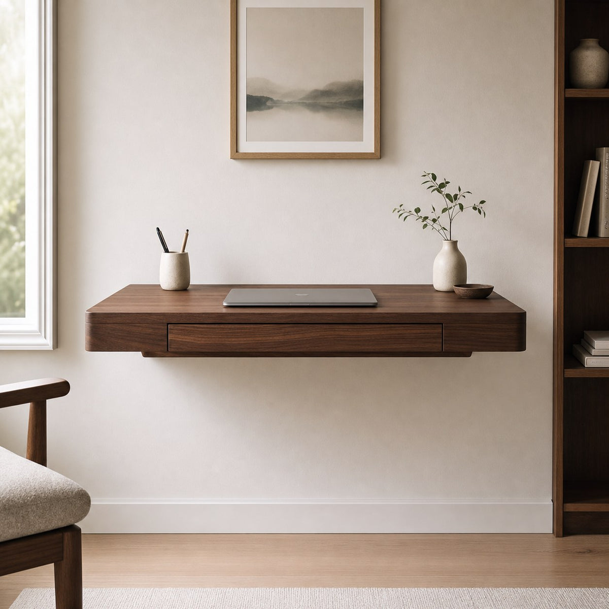 Floating Storage Desk in a warm modern interior
