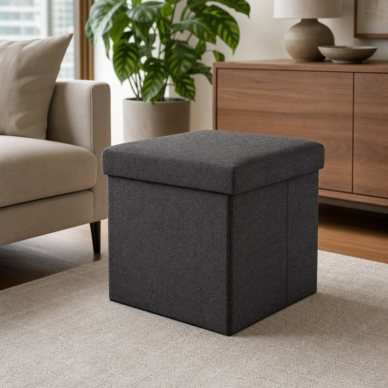 Folding Storage Ottoman in a warm modern interior