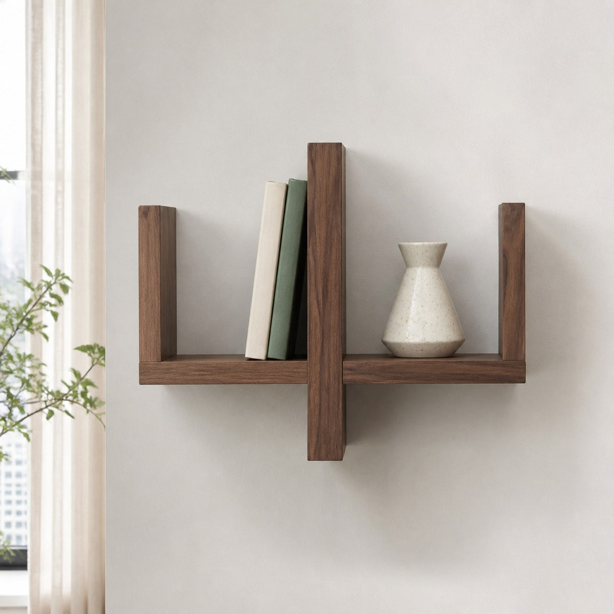 Geometric Wood Wall Shelf in a warm modern interior