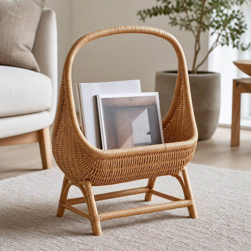Natural Rattan Magazine Stand in a warm modern interior