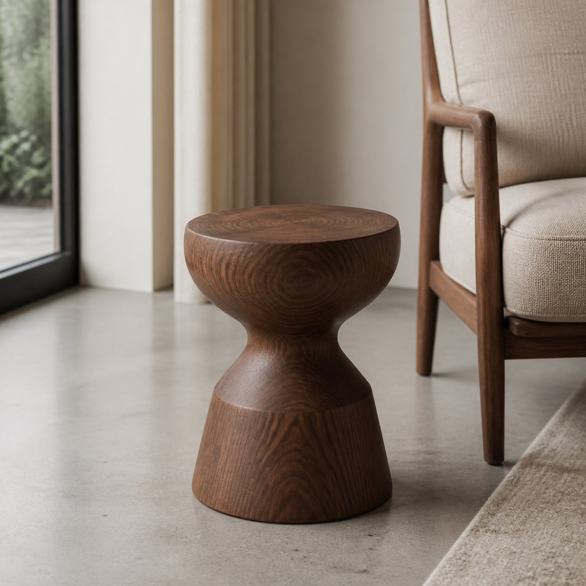 Sculpted Wood Side Stool in a warm modern interior
